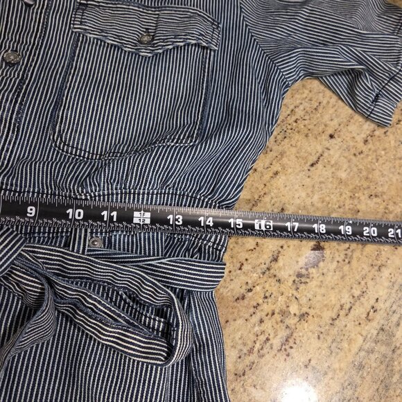 Women Sz 8 Short Sleeve Denim Shorts Romper Universal Thread Blue Stripe Hickory - Picture 4 of 10